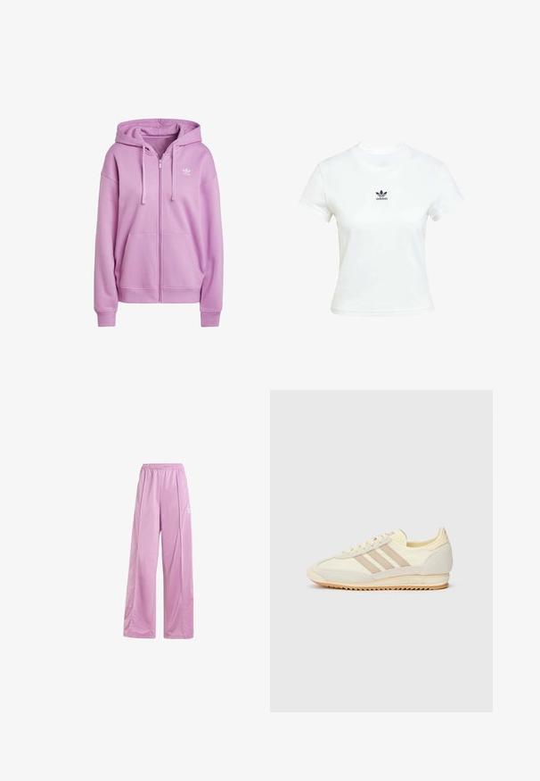 Svijetlo ljubičasti dukserica na zip, izrađena od mekanog materijala, s kapuljačom, vezicama, prednjim džepovima i malim bijelim logom na prsima.; Bjela pamučna majica kratkih rukava s okruglim izrezom. Ima crni Adidas logo otisnut na prsima. Jednostavan, minimalistički dizajn.; adidas Originals FIREBIRD LOOSE TRACK - Donji dijelovi trenirke - preloved purple; Kremaste atletske tenisice s tri bež pruge, od nubuk kožne i tekstilne tkanine, s teksturiranim potplatom i utisnutim brendiranjem na peti.