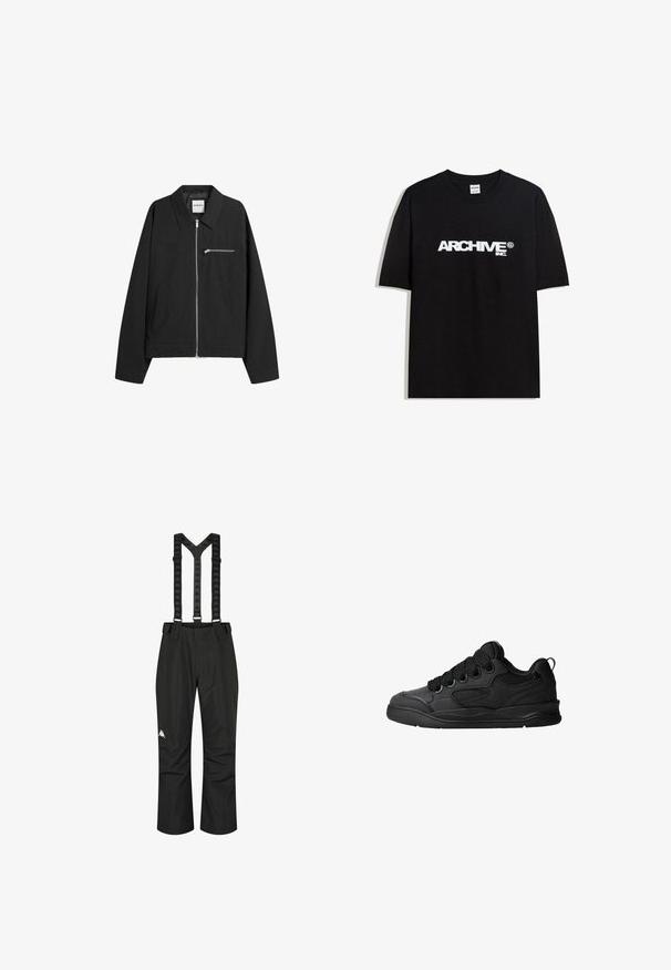 Crna jakna na zip od mekog materijala, s klasičnim ovratnikom, dugim rukavima, bočnim džepovima i malim džepom na prsima sa zatvaračem.; Crna pamučna majica s bijelim 'ARCHIVE inc.' logotipom preko prsa, kratkim rukavima i okruglim izrezom.; Crne vodootporne hlače s podesivim naramenicama, s glatkom teksturom i bijelim logotipom na lijevoj nozi, namijenjene za korištenje na otvorenom.; Crne tenisice s teksturiranim gornjim dijelom, sa vezicama, mrežastim detaljima za prozračnost, podstavljenim ovratnikom i čvrstim potplatima.