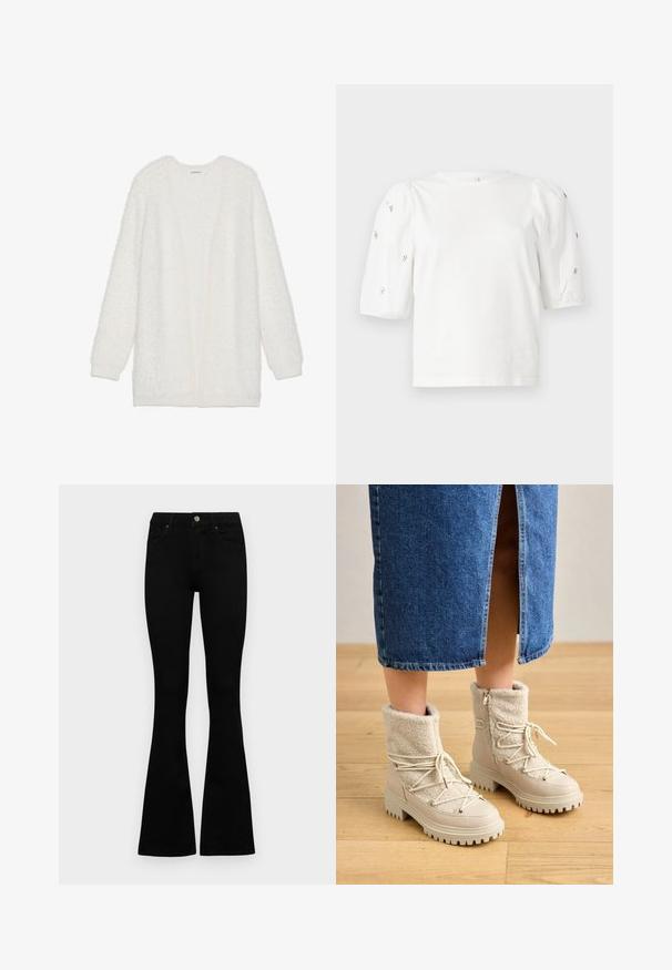 Valge, koheline kardigan, millel on tekstureeritud pind, avatud esikülg ja pikad varrukad. Omab pehmet, karvase tekstuuriga materjali, mis pakub soojust ja mugavust.; Valge puuvillane T-särk lühikeste puffkäistega, millel on väikesed hõbedased kaunistused käiste servades. Klassikaline ümmargune kaelus, vaba ja mugav lõige.; Mustad kõrge vöökohtadega teksad, millel on nööp ja lukuga sulgemine, esikäe taskud ja laienevad sääred, asetatud tasasele valgele taustale.; Heledad beezid tossudega, millel on tekstuuriga fliisist ülemine osa, kontrastne siledast materjalist osa, silmapaistvad paelad ja paks tald. Küljel on peen ning hästi välja toodud luku detail.