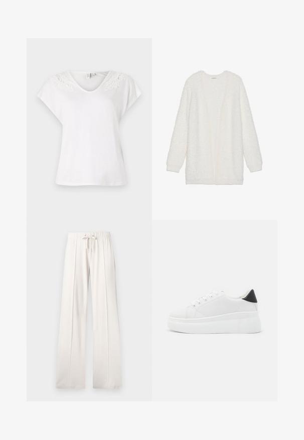 White, fluffy cardigan with a textured surface, open front, and long sleeves. Features a soft, fuzzy fabric for warmth and comfort.; White short-sleeve t-shirt with a v-neckline and lace detailing on shoulders, made from lightweight fabric, featuring a loose fit.; Light beige sweatpants made of soft fabric, featuring a drawstring waist, wide legs, and vertical seams, with a smooth texture.; White platform sneakers made of smooth synthetic material, featuring a rounded toe, lace-up design, and a textured rubber sole. Black heel accent.