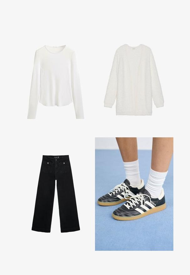 Biely, nadýchaný kardigán s textúrovaným povrchom, otvoreným predným dielom a dlhými rukávmi. Má jemnú, chlpatú tkaninu pre teplo a pohodlie.; Biela tričko s dlhým rukávom a okrúhlym výstrihom, so subtilnými švovými detailmi, ktoré tvarujú pás, vystavené na jednoduchom bielom pozadí.; Čierne široké nohavice s vysokým pásom, s dvoma prednými vreckami a kovovými detailmi na gombíku. Tkanina má hladkú textúru.; Čierne kožené tenisky s bielymi pruhmi, okrúhlou špičkou, bielymi šnúrkami a gumovou podrážkou. Vyzdvihujú ich vypchávkovaný golier a detaily s logom.