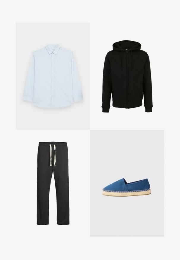 Černá mikina na zip s kapucí, dlouhými rukávy, postranními kapsami a žebrovanými manžetami a spodním lemem. Vyrobena z měkké, strukturované tkaniny.; Jack & Jones JJJOE PLAIN NOOS - Košile - cashmere blue; Černé tepláky vyrobené z měkké tkaniny, s regulací v pase pomocí šňůrky a bílými bočními pruhy podél vnějších švů. Hladká textura po celém povrchu.; Modré plátěné espadrilky se zavřenou špičkou, jutu na podešvi a prošitým lemem. Hladká textilie a nízký profil.