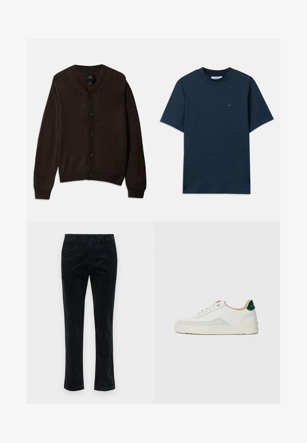 Brown knitted cardigan with a V-neck, ribbed neckline, and front buttons. Features long sleeves and a relaxed fit. Material is soft and smooth.; Navy blue cotton t-shirt with a crew neck, short sleeves, and a subtle logo printed on the chest. Smooth texture and classic fit.; Black corduroy trousers with a straight-leg design, featuring vertical ridges, a smooth texture, and a standard waistband without visible hardware.; White sneaker with suede accents, rounded toe, flat laces, and a cream rubber sole. Features green branding on the heel.