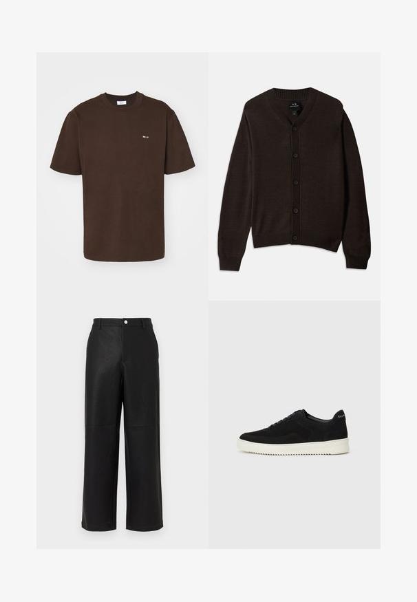 Cardigan marrone lavorato a maglia con scollo a V, colletto a costine e bottoni frontali. Presenta maniche lunghe e una vestibilità comoda. Il materiale è morbido e liscio.; NN.07 ADAM EMB - T-shirt basic - brown; Pantaloni a gamba larga in ecopelle nera con una finitura leggermente texture. Presentano tasche frontali e una vita liscia con chiusura a bottone.; Sneaker in suede nero con design con lacci e suola in gomma bianca a contrasto. Presenta pannelli laterali testurizzati e un marchio discreto sul tallone.