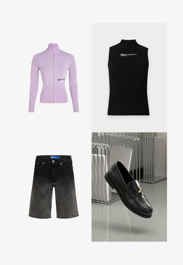 Lavandos spalvos zip-up megztinis su raibais audiniais, aukšta apykakle ir ilgomis rankovėmis. Priekyje yra logotipas ir prigludusi siluetas.; Juodas be rankovių, būgštaus mezgimo viršus su aukštu kaklu ir baltas „Karl Lagerfeld Jeans“ logotipas atspausdintas viršutiniame krūtinės aukštyje.; Juodi džinsiniai šortai su gradientine spalva nuo tamsios iki šviesios. Yra nusidėvėjęs apvadas, dvi priekinės kišenės ir mėlynas prekės ženklo etiketė ant juosmens.; Juodi odiniai loafersai su sklandžiu paviršiumi, turintys dekoratyvinę juostą ir mažą auksinę detalę. Padas plokščias, su apvaliu pirštu.