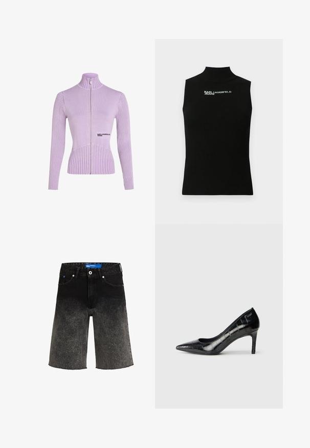 Levendula színű cipzáras pulóver bordázott textúrával, magas nyakú és hosszú ujjú. Elöl logóval és slim fit szabással rendelkezik.; Fekete, ujjatlan, bordázott kötött felső magas nyakkal, fehér "Karl Lagerfeld Jeans" logóval az alsó mellrészen nyomtatva.; Fekete farmer rövidnadrág, amely sötétről világosra halványodik. Számtalan elhasználtságot mutató szegéllyel, két elülső zsebbel és egy márkázott kék címkével rendelkezik a derékrészen.; Fekete, hegyes orrú, magas sarkú cipők fényes felülettel és visszafogott mintázattal. Mérsékelt sarokkal és nyitott vápa dizájnnal rendelkeznek.
