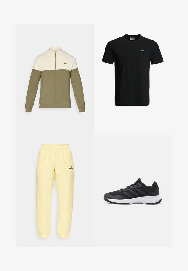 Olivovo zelená bunda so zipsom a bielou hornou časťou, vyrobená z mäkkej látky. Obsahuje stojačik a malé vyšívané logo na hrudi.; Čierne bavlnené tričko s okrúhlym výstrihom, krátkymi rukávmi a malým zeleným logo krokodíla na ľavej hrudi. Hladká textúra, ležérny dizajn.; Žlté tepláky vyrobené z hladkej látky s elastickým pásom, s malým čiernym logom na ľavej nohe a zipsovými otvoreniami na členkoch.; Čierna atletická topánka s textúrovaným zvrškom, s tromi horizontálnymi pruhmi a bielou podrážkou s vzorovaným profilom. Ľahký a aerodynamický dizajn.