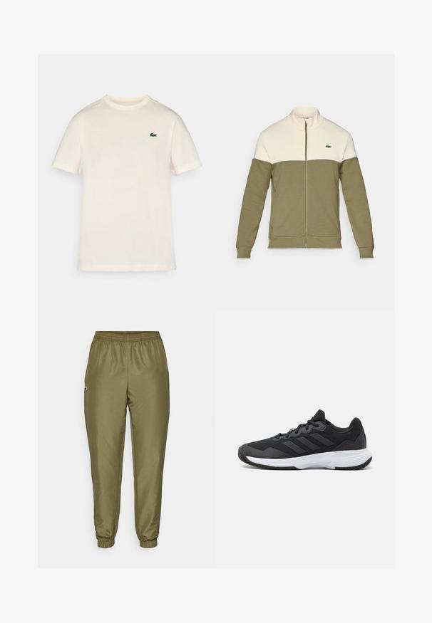 Olive spalvos zip-up striukė su balta viršutine dalimi, pagaminta iš minkštos medžiagos. Turi stovinčią apykaklę ir mažą siuvinėtą logotipą krūtinėje.; Kreminės spalvos medvilninė marškinė su klasikinės formos apykakle, trumpomis rankovėmis ir žaliai siuvinėtu krokodilo logotipu kairiajame krūtinės pusėje.; Alyvuogių spalvos sportiniai kelnės su elastinga juosta, siaurėjantys kulkšnys ir mažas logotipo detalė. Pagamintos iš lygios, lengvos medžiagos.; Juodas sportinis batelis su tekstūruota viršutine dalimi, trimis horizontaliomis juostelėmis ir baltu padu su raštuotu protektoriumi. Lengvas ir aerodinamiškas dizainas.
