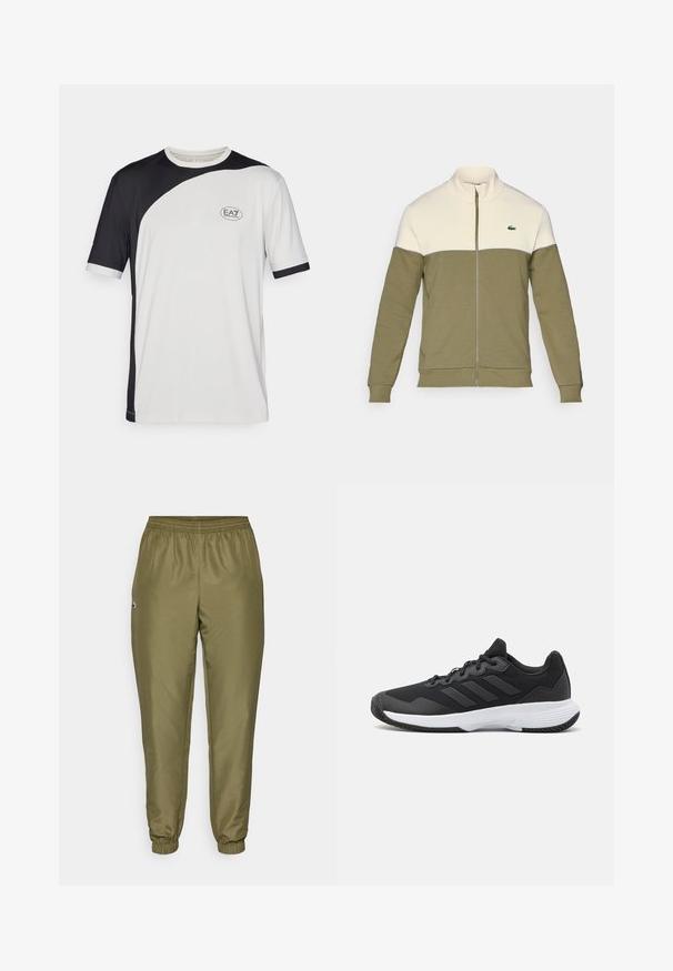 Casaco de fecho éclair verde-azeitona com um painel superior branco, feito de tecido suave. Apresenta um colarinho alto e um pequeno logotipo bordado no peito.; Camiseta de mangas curtas com um design em blocos de cores preto e branco, feita de tecido leve. Inclui o logotipo EA7 no peito.; Calças jogger verde-oliva com um cós elástico, punhos afunilados e um pequeno detalhe de logotipo. Feitas de um tecido suave e leve.; Sapatilha atlética preta com um upper texturizado, três riscas horizontais e uma sola branca com um padrão de piso. Design leve e aerodinâmico.