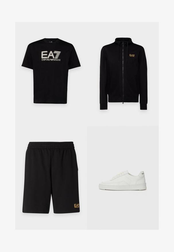Melnā kapuce ar rāvējslēdzēju, izgatavota no gludās auduma, ar augstu apkakli, divām sānu kabatām un zeltītu EA7 logotipu uz krūtīm.; EA7 Emporio Armani Apdrukāts T-krekls - black; Melnas sporta šortus, kas izgatavoti no mīksta auduma, ar elastīgu jostu un mazu dzeltenu EA7 logo zem kreisā kājas stūra.; Baltas ādas sneakers ar gludu virsmu, apaļu pirkstu daļu, plakaniem šņorēm un teksturētu zoli. Satur diskrētu logotipu uz papēža.
