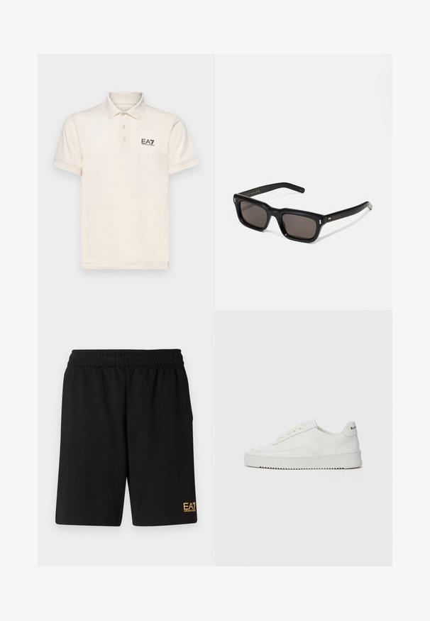 Schwarze Zip-Up-Hoodie aus glattem Stoff, mit hohem Kragen, zwei Seitentaschen und goldenem EA7-Logo auf der Brust.; EA7 Emporio Armani TRAIN CORE - Poloshirt - white/gray; Schwarze Sportshorts aus weichem Material, mit einem elastischen Bund und einem kleinen gelben EA7-Logo am unteren linken Bein.; Weiße Ledersneaker mit glatter Oberfläche, runder Zehenpartie, flachen Schnürsenkeln und strukturiertem Sohlenprofil. Mit einem dezenten Logo an der Ferse.; Schwarze rechteckige Sonnenbrille mit dunklen Gläsern, dickem Kunststoffrahmen, goldenen Akzenten an den Bügeln und eingraviertem Markenlogo am Arm.