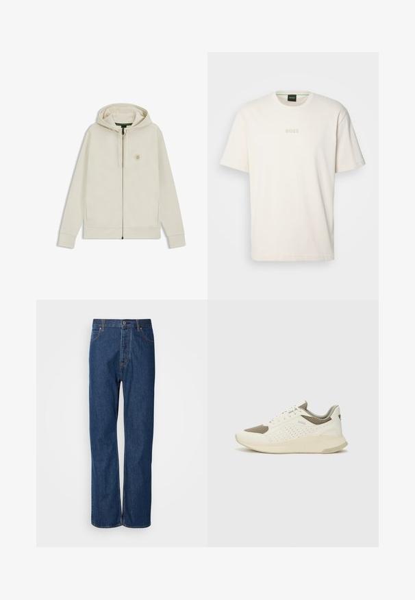 Sudadera con cremallera de color beige claro, con capucha, bolsillos frontales y un logo hexagonal bordado en el lado izquierdo del pecho. Textura de tela suave.; BOSS TEE - Camiseta básica - open white; Jeans de denim azul con un diseño de pierna recta, que cuentan con una bragueta de botones, cinco bolsillos y costuras de contraste a lo largo de las costuras.; Zapatilla deportiva en blanco y beige claro, con parte superior de malla, detalles perforados y una mediasuela texturizada con la marca en el talón.