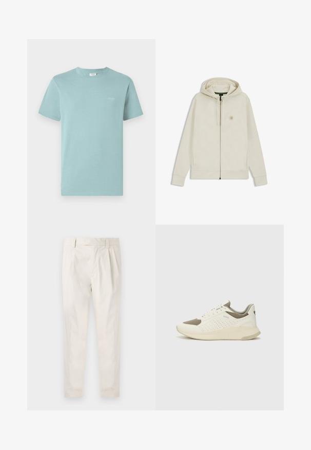 Light beige zip-up hoodie with a hood, front pockets, and an embroidered hexagon logo on the left chest. Smooth fabric texture.; Light blue cotton t-shirt with a crew neck and short sleeves. Features a small brand logo printed in white on the chest. Plain design.; White, pleated trousers with a tailored fit, featuring a smooth texture, belt loops, and tapered legs. No visible pockets or patterns.; White and light beige athletic sneaker, featuring a mesh upper, perforated detailing, and a textured midsole with branding on the heel.