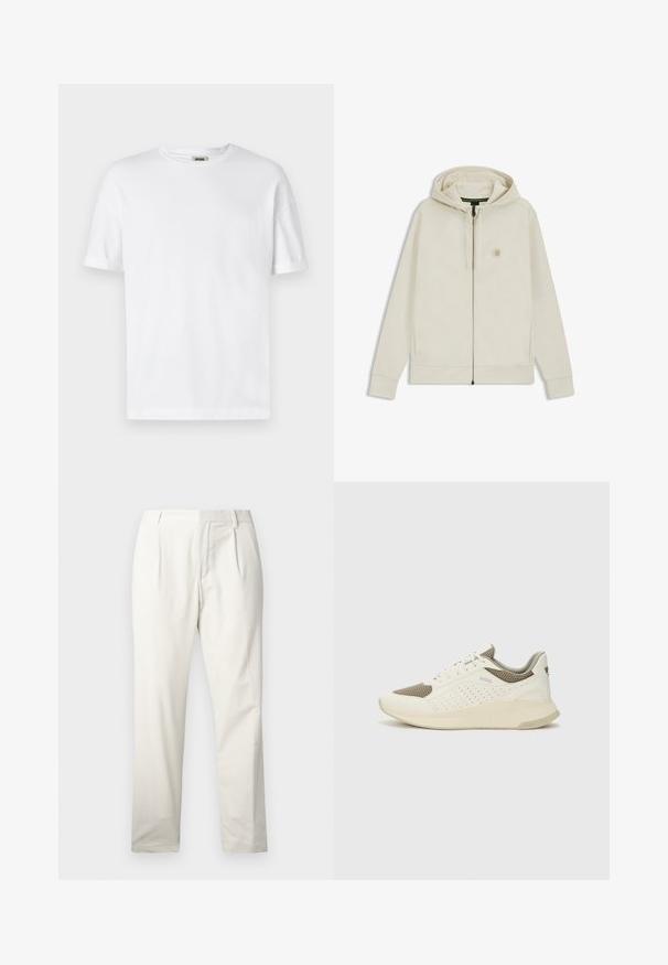 Light beige zip-up hoodie with a hood, front pockets, and an embroidered hexagon logo on the left chest. Smooth fabric texture.; White cotton t-shirt with a crew neck, short sleeves, and rolled cuffs; unadorned design, soft texture, and straight cut.; White cotton trousers with a straight leg, featuring front pleats, a smooth texture, and a classic waistband design.; White and light beige athletic sneaker, featuring a mesh upper, perforated detailing, and a textured midsole with branding on the heel.