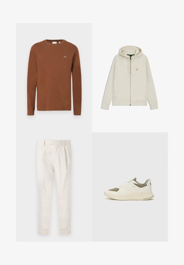 Felpa con zip di un beige chiaro, dotata di cappuccio, tasche frontali e un logo esagonale ricamato sul lato sinistro del petto. Tessuto dalla texture liscia.; Maglietta marrone a maniche lunghe in cotone. Presenta una scollatura a girocollo e un piccolo logo ricamato sul petto. Texture liscia.; Pantaloni bianchi plissettati con taglio su misura, caratterizzati da una texture liscia, passanti per la cintura e gambe affusolate. Nessuna tasca o motivo visibile.; Sneaker atletica bianca e beige chiaro, con tomaia in mesh, dettagli perforati e una suola intermedia texturizzata con marchio sul tallone.