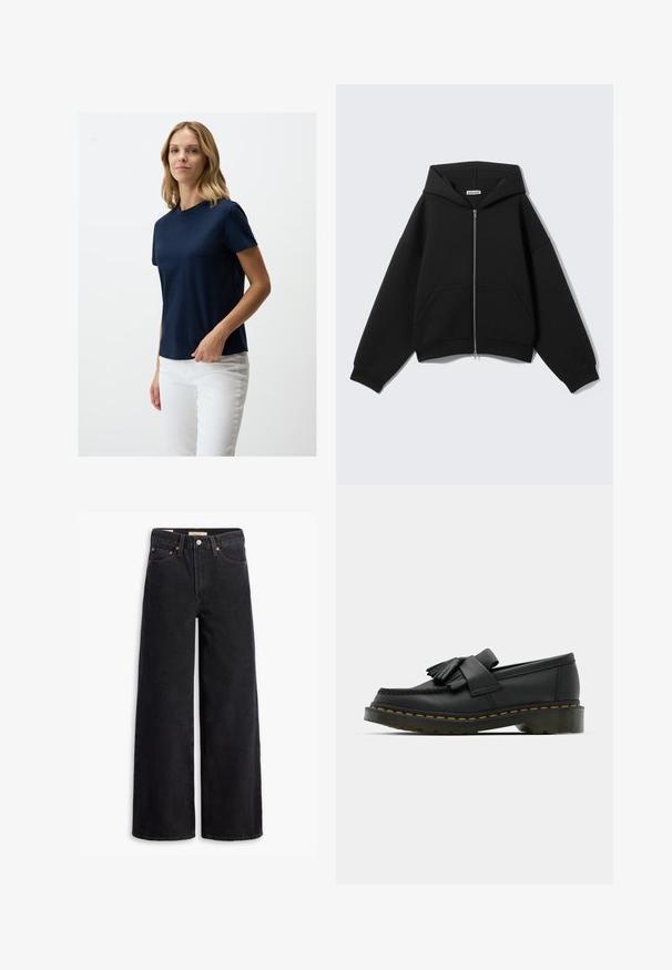 Czarna krótka bluza z kapturem na zamek, dużymi kieszeniami, grubym materiałem oraz kapturem ze sznurkiem. Posiada ściągacze na mankietach i na dole.; Granatowa koszulka z krótkim rękawem, wykonana z miękkiej tkaniny, z okrągłym dekoltem i luźnym krojem, w połączeniu z białymi spodniami.; Czarne dżinsowe spodnie o szerokich nogawkach, z pięcioma kieszeniami, miedzianymi nitami i klasycznym zapięciem na guzik. Gładka tekstura i prosty design.; Czarne skórzane mokasyny z okrągłym noskiem, z frędzlami i dekoracyjną taśmą z przodu, osadzone na grubej obcasie.