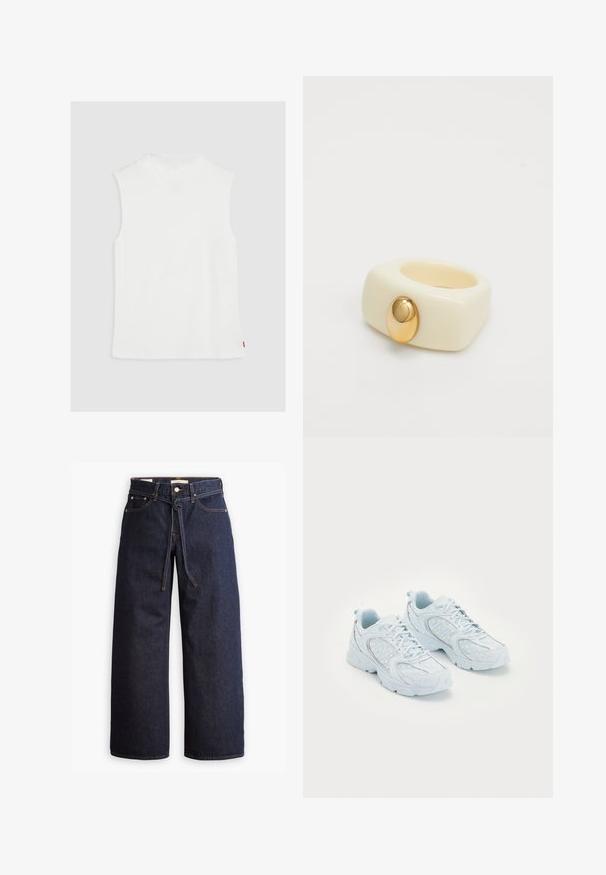 Schwarzer, kurz geschnittener Hoodie mit Reißverschluss vorne, großen Taschen, dickem Stoff und Kapuze mit Kordelzug. Verfügt über gerippte Bündchen und Saum.; Weißes ärmelloses Oberteil mit hohem Kragen, aus weichem Material gefertigt, mit geradem Saum und einem kleinen roten Logofähnchen an der Seite.; Weite, dunkelblaue Jeans aus Denim mit hoher Taille, ausgestattet mit einem Kordelzug, fünf Taschen und kontrastierenden Nähdetails.; Hellblaue Sportschuhe mit einem Obermaterial aus Mesh und Synthetik, ausgestattet mit weißen Punkten und reflektierenden Akzenten, Schnürdesign und gepolsterten Sohlen.; Dicker Ring aus glänzendem Elfenbeinmaterial, mit einem glatten, ovalen goldenen Akzent auf der Vorderseite und einem abgerundeten Band für zusätzlichen Komfort.