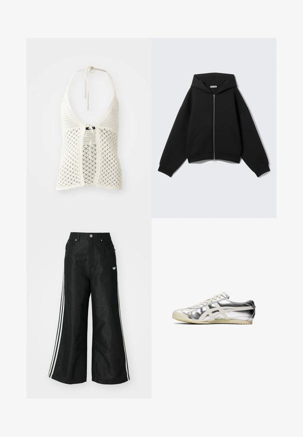 Svart kort hoodie med dragkedja framtill, stora fickor, tjockt tyg och huva med dragsko. Har ribbade muddar och fåll.; Vit virkad halterneck-top med en öppen design, justerbara nackband och en framsluten knäppning med ett fast underlager för stöd.; Svarta vida denimbyxor med tre vita ränder på varje sida och en liten vit logotyp. Har framfickor och knäppning med knapp.; Silvriga metalliska sneakers med vita detaljer och snören. Har en texturerad yta, rund tå och en gummisula med ett mönster för grepp.