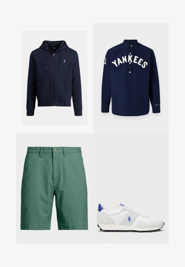 Tmavomodrá mikina s kapucňou a zipsom, vyrobená z mäkkého materiálu, s predným vreckom, sťahovacou šnúrkou na kapucni a vyšívaným logom na ľavej strane hrude.; Námornícky dlhý rukáv tričko s vyšitým nápisom "YANKEES" na hrudníku v bielej farbe, má zapínaciu golier a rovný spodný lem.; Zelené bavlnené šortky s gombíkovým zapínaním a pútkami na opasok. Jednoduchý dizajn so štandardným strihom a bez viditeľných vzorov či akcentov.; Biele atletické tenisky s šedými semišovými akcentmi, sieťovinovou vrchnou časťou, modrým pútkom na podpätku a čiernou gumovou podrážkou. Obsahujú šnurovací systém a logo.