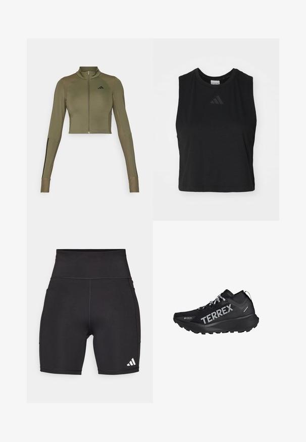 Olive roheline lühike sportlik jakk kõrge kraega, täispikk tõmblukk, ribaga õlavarre detailid ja mustad aktsenttriibud varrukatel.; Musta lühike ilma varrukateta topp, mis on valmistatud pehmest kangast, ümmarguse kaeluse ja rindkere kohal diskreetse reljeefse logoga.; Mustad mustad treeningshortid venivast kangast. Kõrge vöökoht, mõõdukas reie pikkus, alumisel vasakul küljel valge kolmest triibust koosnev logo.; Mustad mustes spordijalats, millel on tekstuurse ülemise osa, "TERREX" bränding, nöörkinnis ja robustne välistald haardevõimetamiseks.