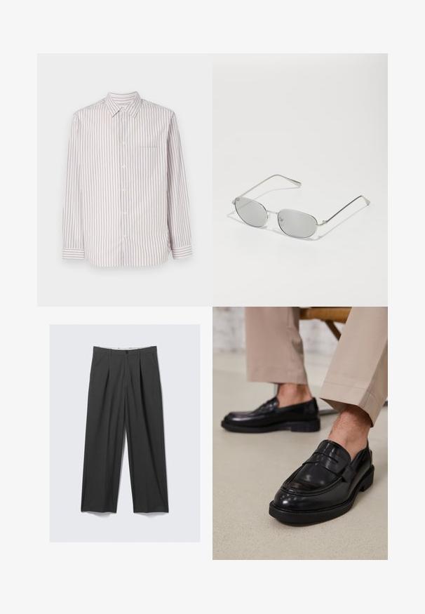 Hanorac negru cu fermoar, dintr-un material tricotat texturat, având glugă, manșete și tiv cu nervuri. Designul include un fermoar central și o croială lejeră.; Cămașă cu mânecă lungă, albă, cu dungi verticale în roz, albastru și verde. Prezintă un guler clasic și un singur buzunar pe piept.; Top din bumbac alb, cu decolteu rotund, bretele late și margine dreaptă, având o textură fină și fără modele vizibile.; Pantaloni gri cu picioare ample și pliuri. Confecționați dintr-o țesătură netedă, cu închidere frontală cu nasturi și bucle pentru curea. Design cu față plată.; Loafers negre din piele cu o finisare netedă, având o curea decorativă și cusături contrastante, asortați cu pantaloni bej.; Ochelari de soare din metal argintiu cu lentile ovale gri, cu brațe subțiri și un design minimalistic. Lentilele au o calitate reflexivă subtilă.