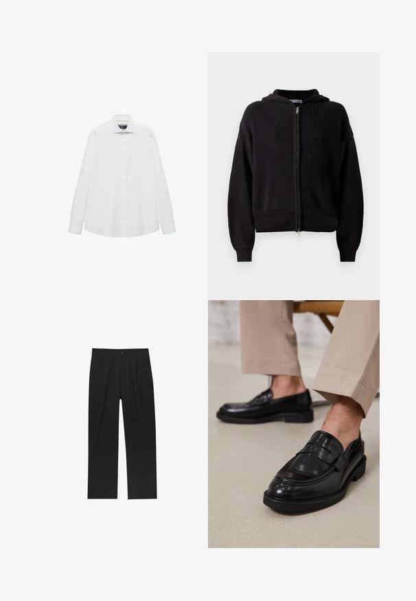 Černá mikina s kapucí na zip z texturované pleteniny, má žebrované manžety a spodní lem. Design zahrnuje centrální zip a pohodlný střih.; Bílá košile s dlouhým rukávem a špičatým límcem, vpředu na knoflíky, s hladkým povrchem. Bez vzorů nebo ozdob.; Černé kalhoty s rovnými nohavicemi, vyrobené z hladké tkaniny. Mají přední záhyby a jedno knoflíkové zapínání v pase.; Černé kožené loafers s hladkým povrchem, zdobené páskem a kontrastním prošíváním, spárované s béžovými kalhotami.