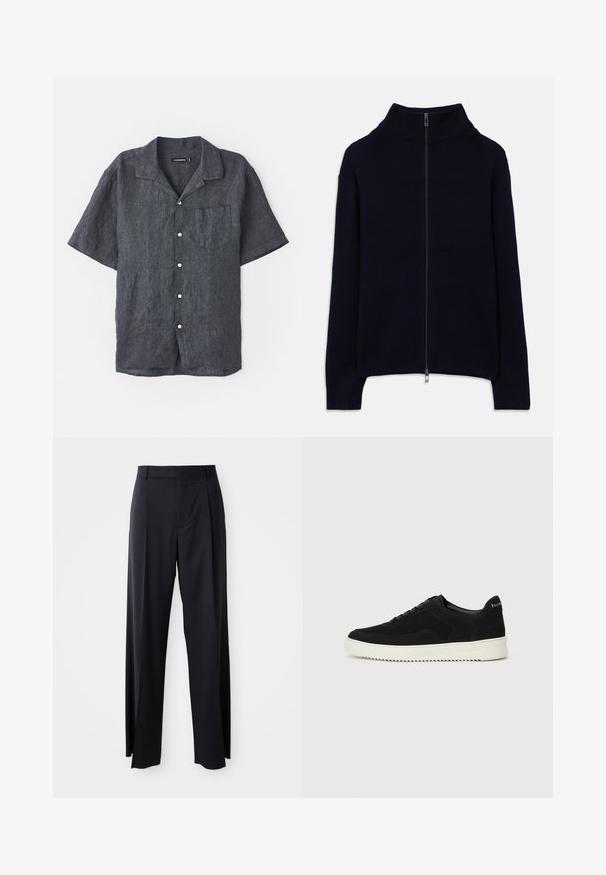 Světle modrý žebrovaný svetr s dlouhými rukávy, vysokým límcem a plným stříbrným zipem, položený na bílém pozadí.; Košile s krátkým rukávem z antracitového lnu s uvolněným límcem, přední kapsou a bílými knoflíky. Hladká textura s jemnými variacemi tkaniny.; Černé kalhoty s vysokým pasem a širokým střihem, vyrobené z hladké látky. Mají přední sklady a poutka na opasek. Minimalistický design, bez viditelného kovového hardwaru.; Černé semišové tenisky s krajkovým designem a kontrastní bílou gumovou podrážkou. Obsahují texturované boční panely a jemné branding na patě.