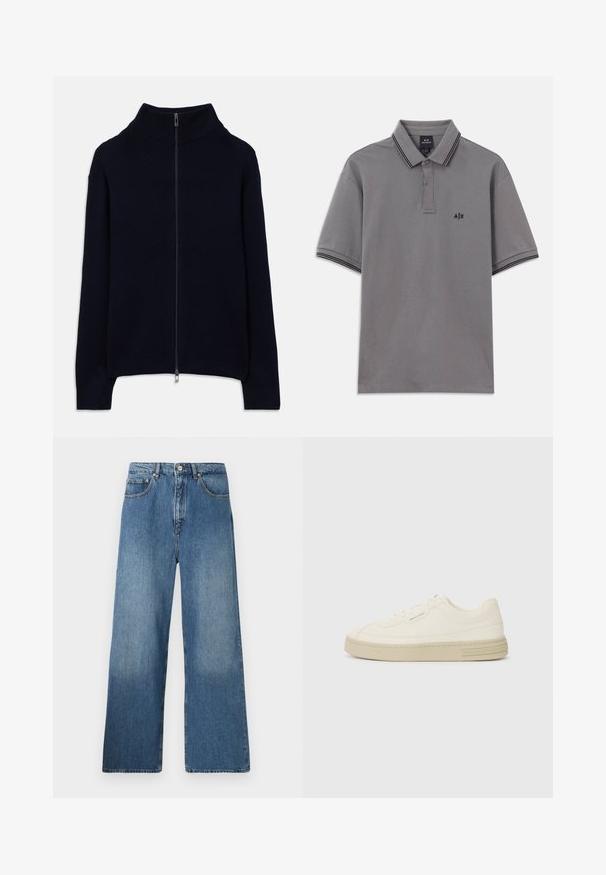 Tumši zils ribota adīta džemperis ar garām piedurknēm, augstu apkakli un pilnu sudraba rāvējslēdzēju, izklāts uz baltas fona.; Pelēka īsām piedurknēm polo krekls ar melnu apdari apkaklī un piedurknēm, pogu aizdare un neliels melns A|X logo kreisajā krūtīs.; Platmalu, zili džinsi ar klasisku piecu kabatu dizainu, priekšējo pogu aizdari un nelielu izbalējumu tekstūras nodrošināšanai.; Baltas kanvas sporta apavi ar strukturētu gumijas zoli, ar šūtu purngalu un logotipu uz papēža. Vienkāršs auklu aizdare dizains.