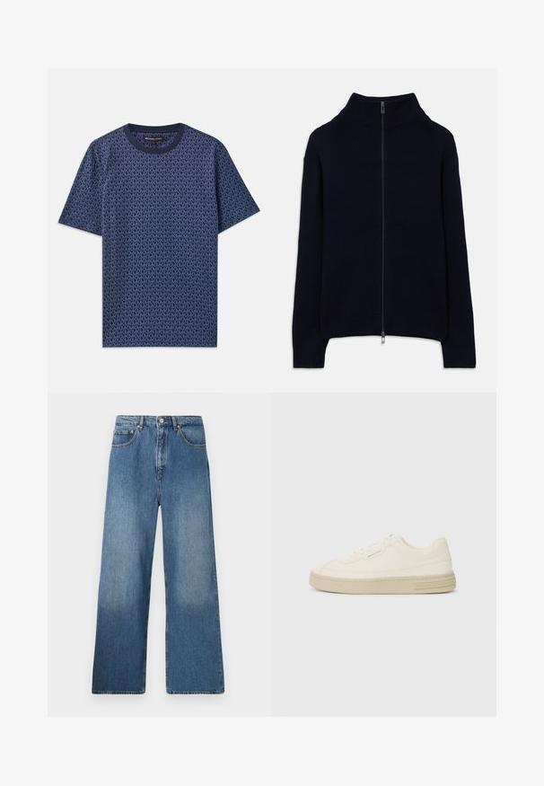 Světle modrý žebrovaný svetr s dlouhými rukávy, vysokým límcem a plným stříbrným zipem, položený na bílém pozadí.; Námořnická modrá bavlněná tričko s geometrickým vzorem loga MK. Má kulatý výstřih a krátké rukávy, texturovaný materiál po celé ploše.; Džínové kalhoty s širokými nohavicemi v modré barvě, které mají klasický pětikapsový design, přední zapínání na knoflík a mírné vyblednutí pro texturu.; Bílé plátěné tenisky s texturovanou gumovou podrážkou, se šitým špičkovým krytem a logem na patě. Jednoduchý design na šněrování.