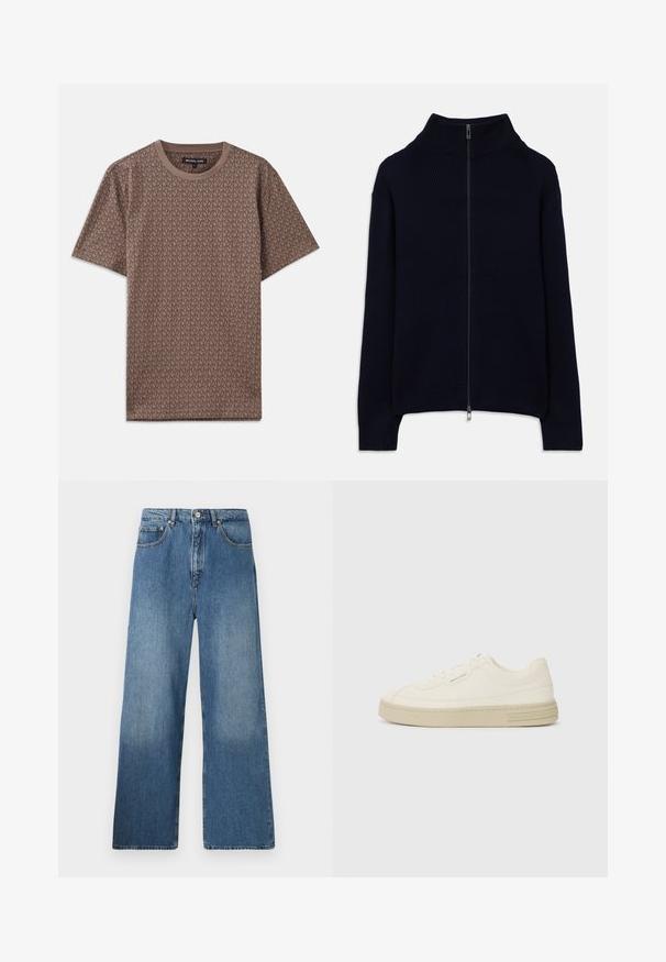 Marineblauwe ribgebreide trui met lange mouwen, hoge kraag en een volledige zilveren rits aan de voorkant, plat gelegd op een witte achtergrond.; Bruin T-shirt met korte mouwen, voorzien van een herhalend MK-logo patroon, ronde halslijn en een zachte stoftextuur.; Lange blauwe denim jeans met een klassiek vijf-pocket ontwerp, voor sluiting met een knoop en een lichte vervaging voor textuur.; Witte canvas sneakers met een gestructureerde rubberen zool, featuring een gestikte neuskap en logo-accent op de hak. Eenvoudig vetersluiting ontwerp.