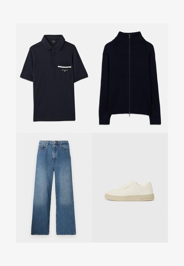 Svetrov navy modre barve z rebrastim pletenjem, dolgimi rokavi, visokim ovratnikom in celotnim srebrnim zadrgo, položen na beli podlagi.; Mornarsko polo majica iz bombaža, z dvema gumboma, kratkimi rokavi in žepom z belimi črtami.; Široke modre kavbojke iz denima z klasičnim pet-imenským vtičem, zapiranje spredaj s gumbom in rahlo zbledelostjo za teksturo.; Bele platnene športne copate z teksturirano gumijasto podplatom, ki imajo šivani zaščitni prst in logo na peti. Enostavna zasnova z vezalkami.