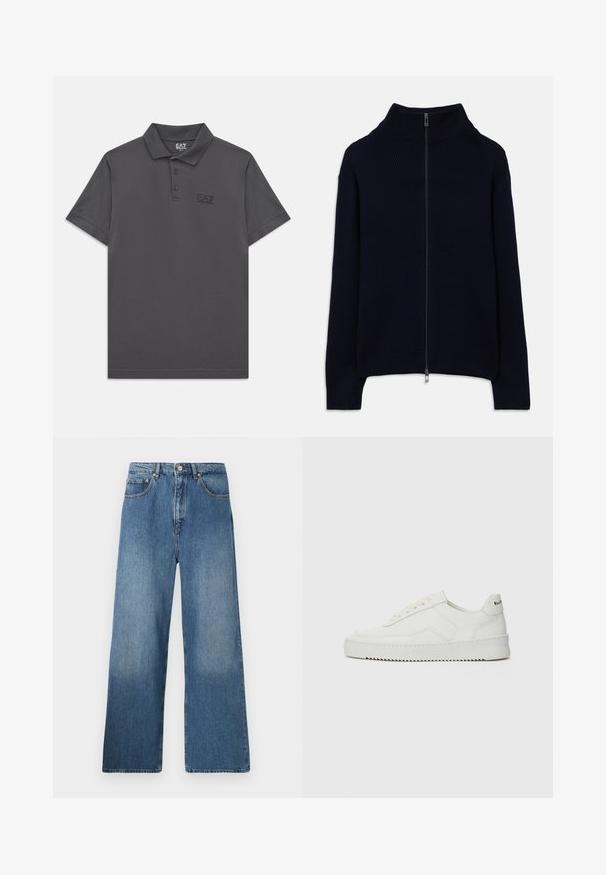 Světle modrý žebrovaný svetr s dlouhými rukávy, vysokým límcem a plným stříbrným zipem, položený na bílém pozadí.; Tmavě šedé polo tričko s krátkým rukávem, se třemi knoflíky a subtilním logem EA7 Emporio Armani na levé straně hrudi.; Džínové kalhoty s širokými nohavicemi v modré barvě, které mají klasický pětikapsový design, přední zapínání na knoflík a mírné vyblednutí pro texturu.; Bílé kožené tenisky s hladkým povrchem, kulatou špičkou, plochými tkaničkami a texturovanou podrážkou. Na patě se nachází nenápadné logo.