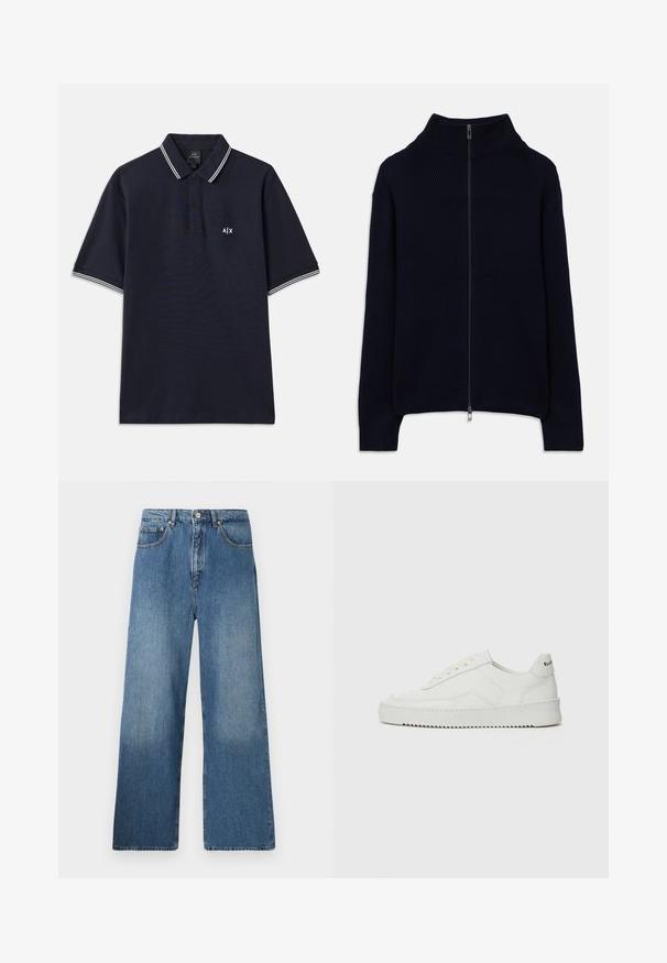 Tamsiai mėlynas raukinėtas megztinis su ilgomis rankovėmis, aukšta apykakle ir pilna sidabrine užtrauktuku, paguldytas ant baltos fono.; Tamsiai mėlynos spalvos polo marškiniai, pagaminti iš medvilnės, su klasikinio kirpimo apykakle, dviejų mygtukų užsegimu ir baltais dryželiais ant rankovių. Mažas logotipas ant krūtinės.; Plati blauji džinsai su klasikinio penkių kišenių dizainu, priekyje su mygtuko uždarymu ir šiek tiek išblukusių Detalių.; Balti odiniai sportiniai bateliai su lygia apdaila, apvaliu pirštu, plokščiais raišteliais ir tekstūruotu padu. Pasižymi subtiliu logotipu ant kulno.