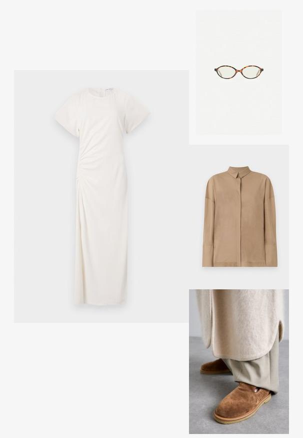 Light gray cardigan made of soft material, featuring a round neck, long sleeves, and five button closures along the front. Cropped hem.; Beige long-sleeve shirt in lightweight fabric features a classic collar, hidden button placket, and subtle stitching details on sleeves.; White dress with short sleeves, round neckline, and side ruching detail; smooth fabric with a floor-length silhouette.; Brown suede slip-on shoes with a rounded toe, rubber sole, and side cutout detail, paired with light beige tailored pants.; Tortoiseshell eyeglasses with oval lenses and a sleek, smooth finish. Features thin sides with a subtle curve at the temples. Clear lenses.