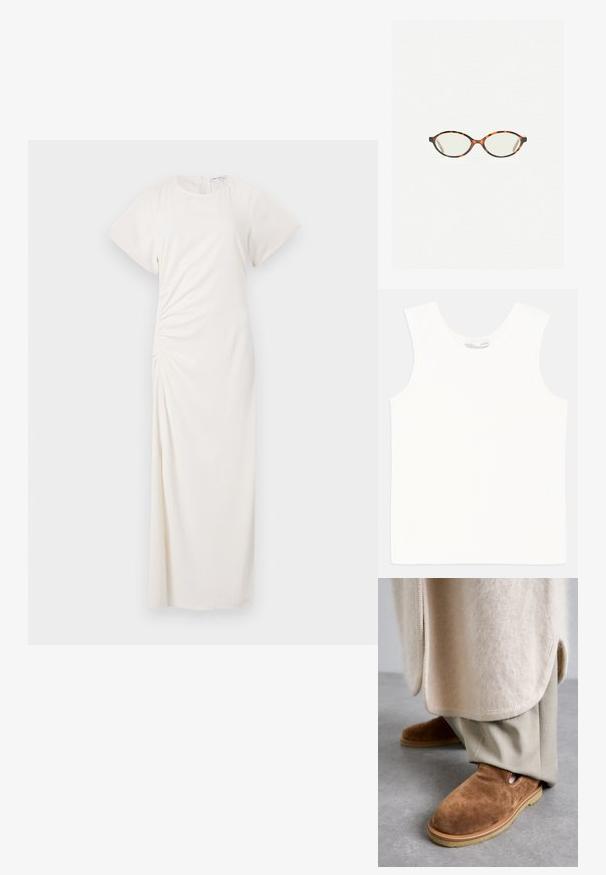 Lichtgrijze cardigan van zacht materiaal, met een ronde hals, lange mouwen en vijf knopen aan de voorkant. Verkorte zoom.; Witte mouwloze tanktop van ribstof, met een ronde hals en rechte zoom. Eenvoudig ontwerp zonder extra versieringen.; Witte jurk met korte mouwen, ronde halslijn en ruches aan de zijkanten; gladde stof met een vloerlange silhouet.; Bruine suède instap schoenen met een ronde neus, rubberen zool en uitsnijdingen aan de zijkant, gecombineerd met lichtbeige op maat gemaakte broeken.; Kattenoogbril met ovale lenzen en een strakke, gladde afwerking. Heeft dunne zijkanten met een subtiele kromming bij de slapen. Transparante lenzen.