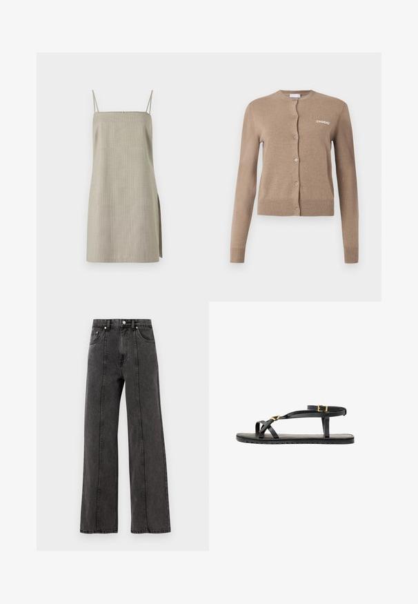 Cardigan en tricot beige avec manches longues, décolleté rond et fermeture à boutons. Caractéristiques : ourlet et poignets côtelés, avec "2ND DAY" brodé sur le devant.; Robe sans manches grise en tissu léger, dotée de fines bretelles, d'une coupe droite et d'une fente sur le côté pour plus de détails.; Débardeur gris sans manches en maille côtelée avec un col rond et un ourlet droit, présentant un tissu texturé et des coutures subtiles aux épaules.; Jeans noirs en denim à jambes larges avec taille haute, dotés de poches avant, de coutures visibles et d'une finition nette. Sans embellissements ni effets usés.; Sandales en cuir noir avec de fines lanières et une sangle autour de la cheville à boucle. Semelle plate avec une finition texturée et un bord en zigzag. Design minimaliste.
