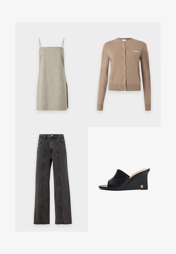 Cardigan en tricot beige avec manches longues, décolleté rond et fermeture à boutons. Caractéristiques : ourlet et poignets côtelés, avec "2ND DAY" brodé sur le devant.; Robe sans manches grise en tissu léger, dotée de fines bretelles, d'une coupe droite et d'une fente sur le côté pour plus de détails.; Jeans noirs en denim à jambes larges avec taille haute, dotés de poches avant, de coutures visibles et d'une finition nette. Sans embellissements ni effets usés.; Sandales à talon compensé en cuir noir avec bout ouvert et design courbé, présentant un accent en métal doré sur le talon. Texture lisse.