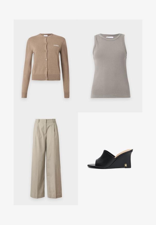 Beige strikket cardigan med lange ærmer, rund halsudskæring og knaplukning. Har ribbet kant og manchetter, med "2ND DAY" broderet på forsiden.; Ærmeløs grå ribbet tanktop med rund halsudskæring og lige kant, som har et struktureret stof og subtile sømme ved skuldrene.; Bage brede bukser lavet af glat stof, med en tætsiddende talje, læg og en løs pasform gennem benene. Enkel design og rene linjer.; Sorte læder wedgesandaler med åben tå og buet design, prydet med en guldmetalaccent på hælen. Glat overflade.