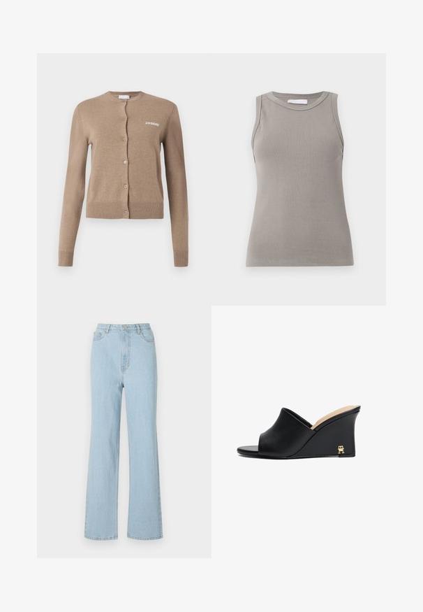 Beige pletený cardigan s dlouhými rukávy, kulatým výstřihem a zapínáním na knoflíky. Má žebrovaný lem a manžety, na přední straně je vyšitý nápis "2ND DAY".; Bezrukávový šedý žebrovaný top s kulatým výstřihem a rovním lemem, vyrobený z texturované látky a s jemnými švy na ramenou.; Světle modré džíny s vysokým pasem, volným střihem a širokými nohavicemi, klasický pětikapsový design. Obsahují kovový knoflík a zip.; Černé kožené klínové sandály s otevřenou špičkou a zakřiveným designem, zdobené zlatým kovovým akcentem na patě. Hladký povrch.