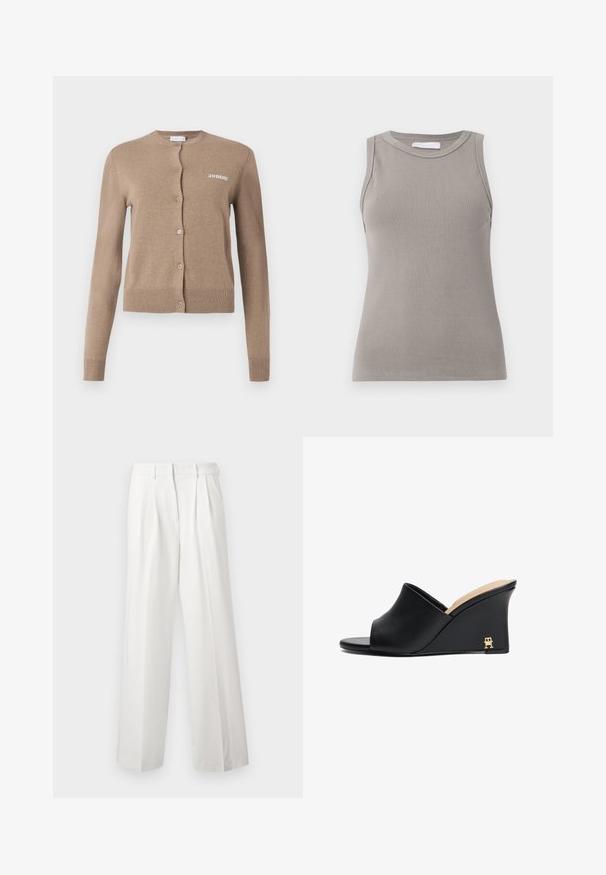 Beige kötött kardigán hosszú ujjakkal, kerek nyakkivágással és gombos zárással. Ribbed szegély és mandzsetta jellemzi, az elején "2ND DAY" hímzéssel.; Ujjatlan szürke bordázott trikó, kerek nyakkal és egyenes aljjal, texturált anyaggal és finom varrásokkal a vállaknál.; Fehér, plisszelt nadrág, széles szárú dizájnnal. Sima anyagból készült, igényes derékpánttal és tiszta, egyenes szegélyekkel.; Fekete bőr wedge papucsok nyitott orral és ívelt kialakítással, arany fém díszítéssel a sarkon. Sima tapintású.