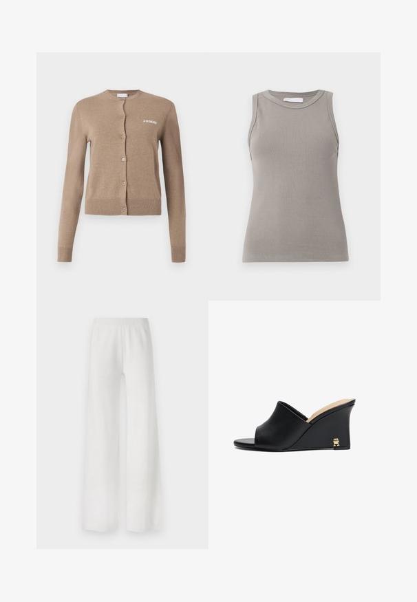 Beež kudumine kardigan pikade varrukatega, ümmarguse kaelusega ja nööpidega kinnitusega. Omab ribakujulist alumist serva ja varrukaotsi, ees on kokku õmmeldud "2ND DAY".; Sleeveteta hall ribiline tank top ümmarguse kaeluse ja sirge alumise servaga, millel on tekstureeritud kangas ja peened õmblused õlgadel.; Valged laiad püksid, mis on valmistatud pehmest kangast, millel on elastne vöökoht, sirge lõige ning ilma nähtavate mustrite või aksessuaarideta.; Mustad nahast platvormsandalid avatud varbaga ja kaarekujundusega, millel on kuldne metalline aksessuaar kandadel. Sile tekstuur.