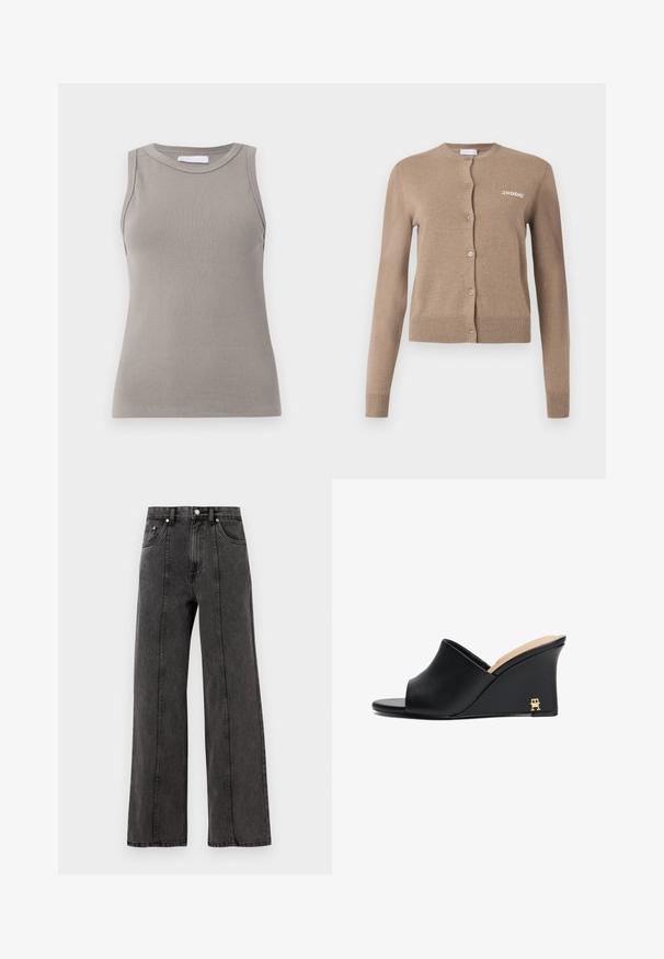 Beige neulecardigan, jossa on pitkät hihat, pyöreä kaula-aukko ja nappisuljenta. Sisältää ribbireunuksen ja hihansuut, ja edessä on brodeerattu "2ND DAY".; Hihaton harmaa ribbikangastoppi, jossa on pyöreä kaula-aukko ja suora helma. Topissa on teksturoitu kangas ja hienovaraiset saumat olkapäillä.; Mustat farkut leveälahkeiset, korkealla vyötäröllä, joissa on etutaskut, näkyvät saumat ja siisti viimeistely. Ei koristeita tai kulutuksia.; Mustat nahkaiset korko-sandaalit avonaisella varpaalla ja kaarevalla muotoilulla, jossa on kultainen metallikoriste kantapäässä. Sileä pinta.
