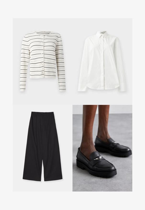 Cárdigan blanco con rayas horizontales negras y un patrón de calado. Presenta un cuello redondo y botones en forma de perla a lo largo del frente.; Camisa de algodón blanca de manga larga con collar puntiagudo, cierre frontal de botones y dobladillo redondeado. Textura suave, corte regular y sin patrones.; Pantalones de pierna ancha negros, hechos de una tela suave, con cintura alta, pliegues frontales, cierre de botón y una silueta recta.; Mocasines de cuero negro con puntera redondeada, que presentan un acento plateado en la correa y una suela gruesa y texturizada para mayor agarre.