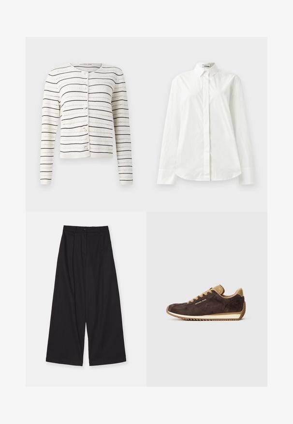 Gilet blanc avec des rayures horizontales noires et un motif ajouré. Présente un col rond et des boutons en forme de perles le long de l'avant.; Chemise blanche en coton à manches longues avec un col pointu, fermeture à boutons sur le devant et ourlet arrondi. Texture lisse, coupe régulière et sans motifs.; Pantalons larges noirs en tissu lisse, présentant une taille haute, des plis devant, une fermeture à bouton et une silhouette droite.; Baskets en daim marron avec des accents en cuir beige, dotées de lacets ronds, d'une semelle en caoutchouc beige et du logo "Michael Kors" sur le côté extérieur.