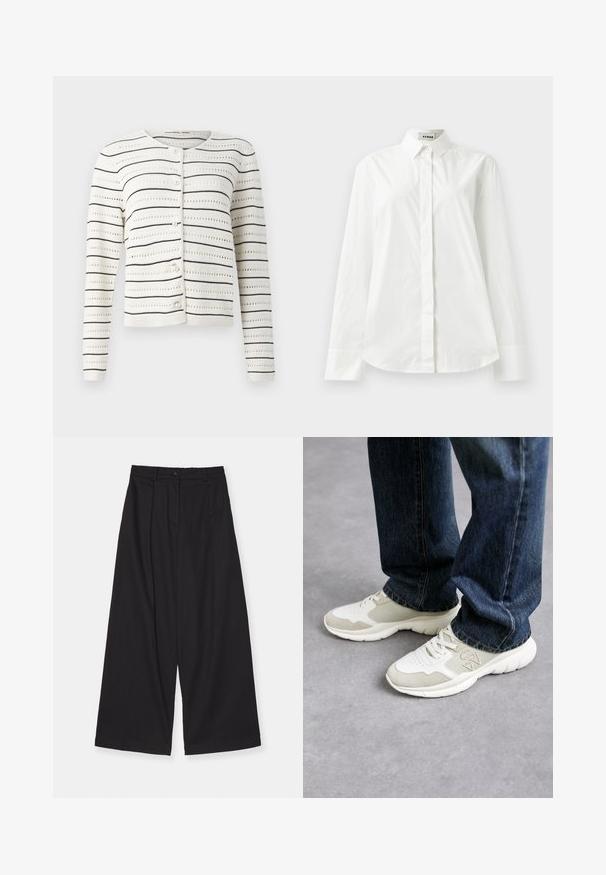 White cardigan with black horizontal stripes and openwork pattern. Features round neckline and pearl-like buttons along the front.; White cotton long-sleeve shirt with a pointed collar, button-front closure, and rounded hem. Smooth texture, regular fit, and no patterns.; Black wide-leg trousers made of a smooth fabric, featuring a high waist, front pleats, a button closure, and a straight silhouette.; Sneakers in light gray and soft beige mesh with suede accents. Features a lace-up design and a thick white rubber sole. Worn with blue jeans.