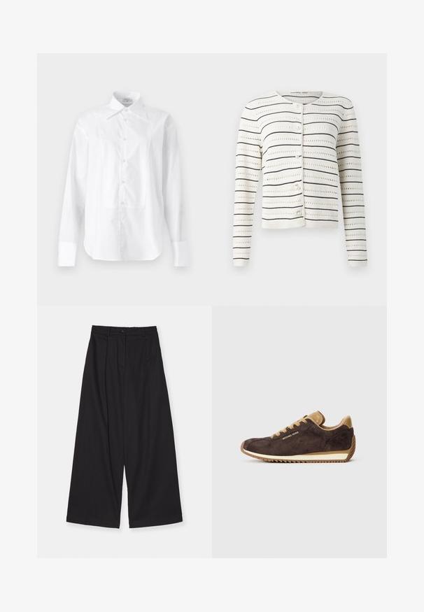 Cárdigan blanco con rayas horizontales negras y un patrón de calado. Presenta un cuello redondo y botones en forma de perla a lo largo del frente.; Filippa K TUXEDO - Blusa - white; Pantalones de pierna ancha negros, hechos de una tela suave, con cintura alta, pliegues frontales, cierre de botón y una silueta recta.; Zapatilla de ante marrón con acentos de cuero color beige, presenta cordones redondos, suela de goma beige y el logo de "Michael Kors" en el lado exterior.