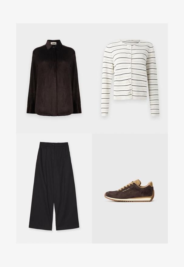 Biely kardigán s čiernymi horizontálnymi pruhmi a otvoreným vzorom. Má okrúhly výstrih a gombíky pripomínajúce perly pozdĺž prednej strany.; Tmavohnedá kordúrová košeľa s dlhým rukávom, golierom, gombíkmi na zápästiach a skrytými gombíkmi na prednej strane, vystavená na bielom pozadí.; Čierne široké nohavice vyrobené z hladkej tkaniny, s vysokým pásom, prednými skladmi, zapínaním na gombík a rovnými líniami.; Hnedé semišové tenisky s tanovými koženými akcentmi, majú okrúhle šnúrky, béžovú gumovú podrážku a logo "Michael Kors" na vonkajšej strane.