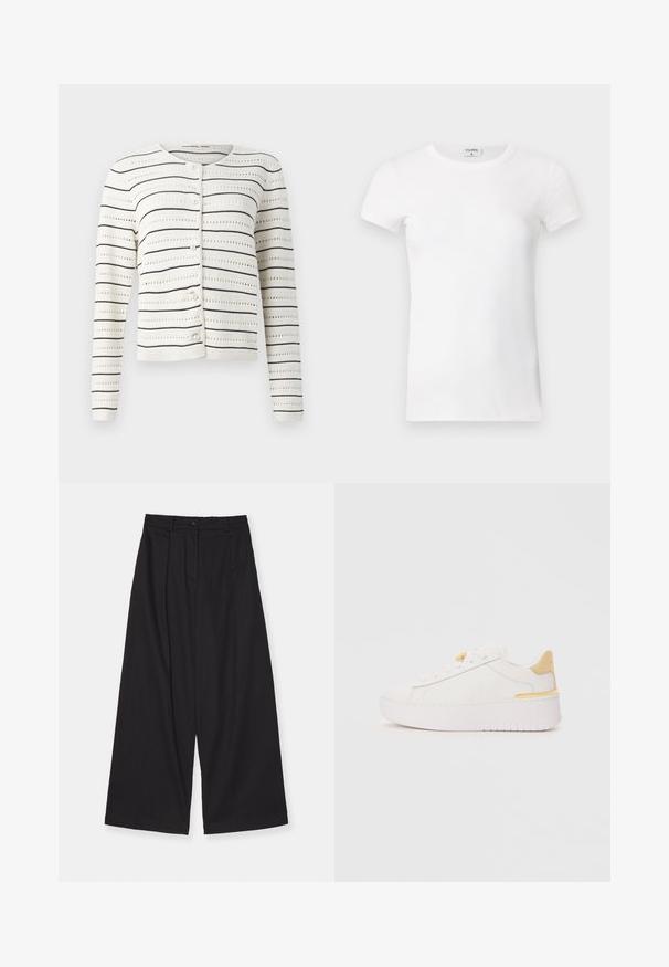 Hvid cardigan med sorte vandrette striber og hulmønster. Har rund halsudskæring og perle-lignende knapper langs fronten.; Hvid, stribet T-shirt med kortærmer og rund hals. Stoffet ser glat ud med en tætsiddende silhuet. Brandingmærke synligt ved kraven.; Sort læder skjorte med knaplukning fortil, spidse kraver og to brystlommer. Har en løs pasform og glat tekstur.; Sorte brede bukser lavet af et glat stof, med høj talje, forskydninger foran, knaplukning og en lige silhuet.; Hvide sneakers med en glat læderoverdel, kontrastfarvet gul hælkappe, tykk hvid platformssål og minimalistisk snøredesign.