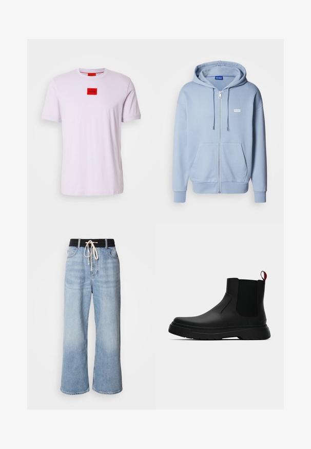 Helles blauer Zip-Hoodie aus weichem Material mit einer Kängurutasche, verstellbarem Kordelzug an der Kapuze und einem kleinen weißen Logo auf der Brust.; Hellblaues Baumwoll-T-Shirt mit Rundhalsausschnitt, kurzen Ärmeln und einem roten rechteckigen Logo-Patch mit der Aufschrift "HUGO" auf der Brust.; Hellblaue weite Jeans mit einem schwarzen elastischen Bund, ausgestattet mit einem Kordelzugverschluss und klassischem Fünf-Taschen-Design.; Schwarze Knöchelstiefel mit glatter Oberfläche, elastischen Seitenpaneelen und einem kontrastierenden roten Zuglasche, ausgestattet mit einer dicken Gummisohle und einer runden Zehenpartie.