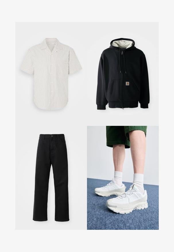 Melna kapuce ar rāvējslēdzēju, ar baltu iekšējo oderi, priekšējām kabatām, aukliņu kapuci un mazu logo uzlīmi kreisajā kabatā. Gluda auduma tekstūra.; Kreklu ar īsām piedurknēm, gaiši bēšā krāsā, ar vertikālām tumšām svītrām, ar krūšu kabatu un nolokāmu apkakli.; Melnas džinsu bikses ar taisnu griezumu, ar priekšējiem kabatām, rāvējslēdzēju un vienu augšējo pogu. Tekstūrēta auduma matēta virsma.; Baltas sporta apavi ar teksturētām detaļām, masīvu zoli un pelēkiem akcentiem. Valkāti ar baltiem zeķu pēdu apģērbiem un zaļām šortiem uz zilas virsmas.